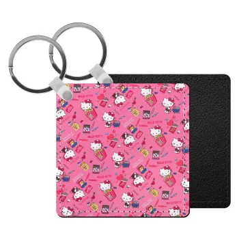Hello kitty, Μπρελόκ Δερματίνη, τετράγωνο ΜΑΥΡΟ (5x5cm)