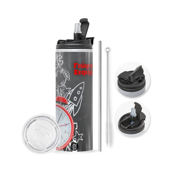 Ώρα για σχολείο, Travel Tumbler 2 Lids, with metal straw & cleaning brush (Stainless steel 304 Food grade, BPA free, 600ml)