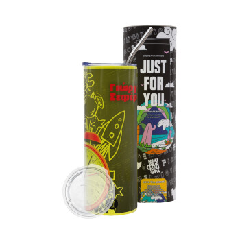 Ώρα για σχολείο, Neon Yellow Travel Tumbler θερμό, μεταλλικό καλαμάκι(Ανωξείδωτο 304 Food grade, BPA free, 600ml)