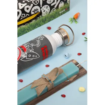 Ώρα για σχολείο, Πασχαλινή Λαμπάδα με παγούρι μεταλλικό (620ml, stainless steel) & κερί αρωματικό πλακέ (30cm) (ΤΙΡΚΟΥΑΖ)