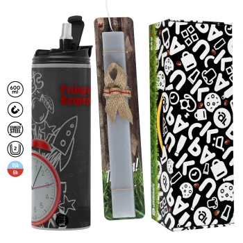 Ώρα για σχολείο, Πασχαλινή Λαμπάδα με Travel Tumbler θερμό (600ml, BPA free) & κερί αρωματικό πλακέ (30cm) (ΓΚΡΙ)