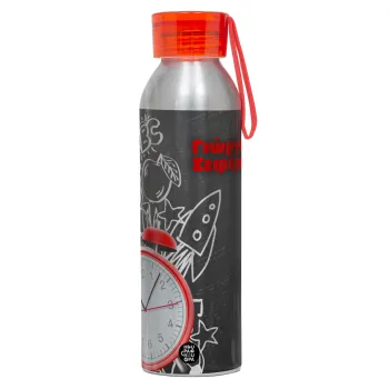 Ώρα για σχολείο, Αλουμινένιο Αθλητικό Μπουκάλι 650ml – Ασημί με Κόκκινο Καπάκι και Λουράκι Σιλικόνης