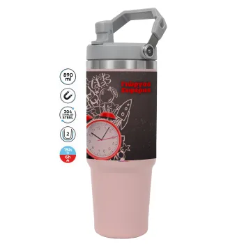 Ώρα για σχολείο, ΡΟΖ χρώματος Θερμός Ανοξείδωτο 890ml (30oz) με χερούλι