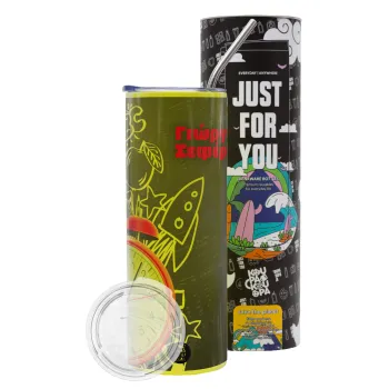 Ώρα για σχολείο, Neon Yellow Travel Tumbler θερμό, μεταλλικό καλαμάκι(Ανωξείδωτο 304 Food grade, BPA free, 600ml)