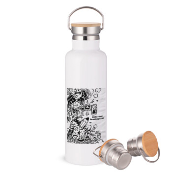 School Doodle, Μεταλλικό παγούρι θερμός (Stainless steel) Λευκό με ξύλινο καπάκι (bamboo), διπλού τοιχώματος, 750ml