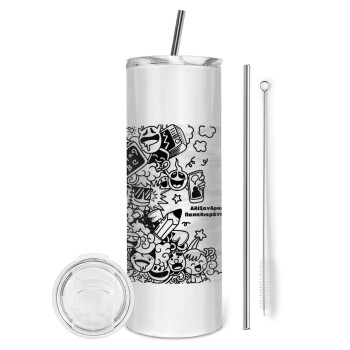 School Doodle, Eco friendly stainless steel tumbler 600ml, with metal straw & cleaning brush