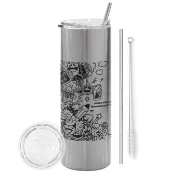 School Doodle, Tumbler stainless steel Silver 600ml, with metal straw & cleaning brush