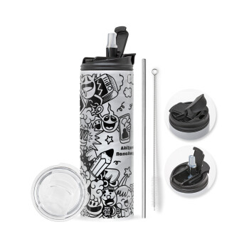 School Doodle, Travel Tumbler 2 Lids, with metal straw & cleaning brush (Stainless steel 304 Food grade, BPA free, 600ml)