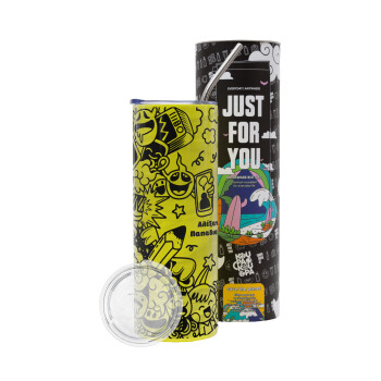 School Doodle, Neon Yellow Travel Tumbler θερμό, μεταλλικό καλαμάκι(Ανωξείδωτο 304 Food grade, BPA free, 600ml)