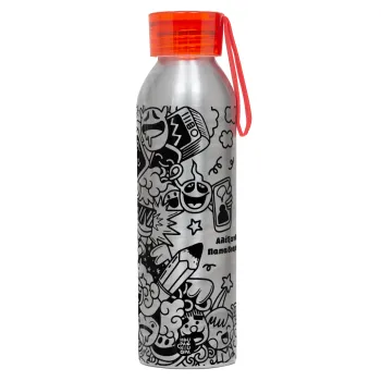 School Doodle, Αλουμινένιο Αθλητικό Μπουκάλι 650ml – Ασημί με Κόκκινο Καπάκι και Λουράκι Σιλικόνης