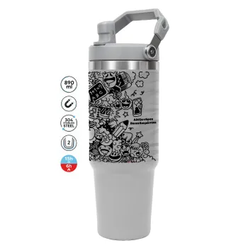 School Doodle, ΓΚΡΙ χρώματος Θερμός Ανοξείδωτο 890ml (30oz) με χερούλι