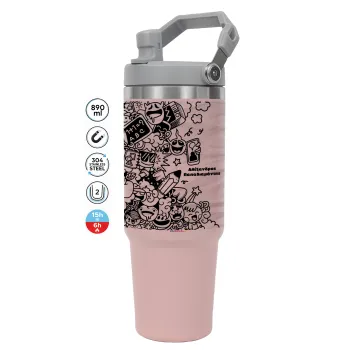 School Doodle, ΡΟΖ χρώματος Θερμός Ανοξείδωτο 890ml (30oz) με χερούλι