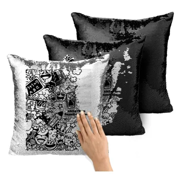 School Doodle, Μαξιλάρι καναπέ Μαγικό Μαύρο με πούλιες 40x40cm περιέχεται το γέμισμα