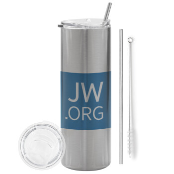 JW.ORG, Eco friendly ποτήρι θερμό Ασημένιο (tumbler) από ανοξείδωτο ατσάλι 600ml, με μεταλλικό καλαμάκι & βούρτσα καθαρισμού