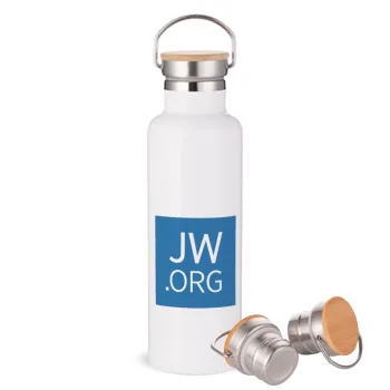 JW.ORG, Μεταλλικό παγούρι θερμός (Stainless steel) Λευκό με ξύλινο καπάκι (bamboo), διπλού τοιχώματος, 750ml