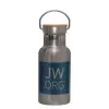 Stainless steel metallic thermos flask, silver with a bamboo lid, double-walled, 350ml.