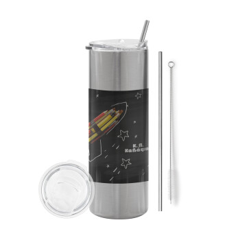 Rocket Pencil, Eco friendly ποτήρι θερμό Ασημένιο (tumbler) από ανοξείδωτο ατσάλι 600ml, με μεταλλικό καλαμάκι & βούρτσα καθαρισμού