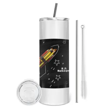Rocket Pencil, Tumbler ποτήρι θερμό από ανοξείδωτο ατσάλι 600ml, με μεταλλικό καλαμάκι & βούρτσα καθαρισμού