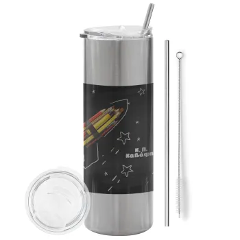 Rocket Pencil, Tumbler ποτήρι θερμό Ασημένιο από ανοξείδωτο ατσάλι 600ml, με μεταλλικό καλαμάκι & βούρτσα καθαρισμού