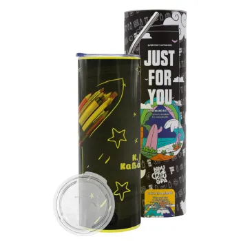 Rocket Pencil, Neon Yellow Travel Tumbler θερμό, μεταλλικό καλαμάκι(Ανωξείδωτο 304 Food grade, BPA free, 600ml)