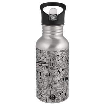 Enjoy the party, Water bottle Silver with straw, stainless steel 500ml