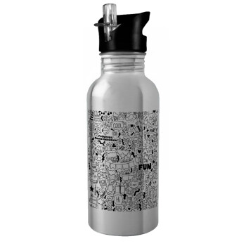 Enjoy the party, Water bottle Silver with straw, stainless steel 600ml