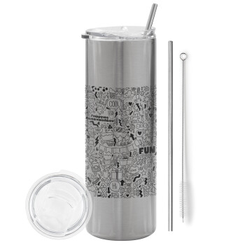 Enjoy the party, Eco friendly stainless steel Silver tumbler 600ml, with metal straw & cleaning brush