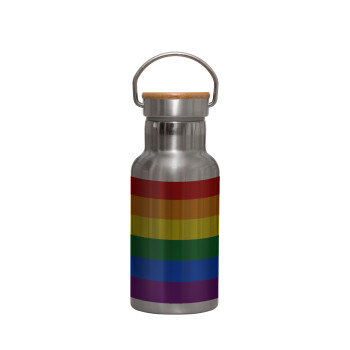 Rainbow flag (LGBT) , Μεταλλικό παγούρι θερμός (Stainless steel) Ασημένιο με ξύλινο καπακι (bamboo), διπλού τοιχώματος, 350ml