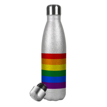 Rainbow flag (LGBT) , Μεταλλικό παγούρι θερμός Glitter Aσημένιο (Stainless steel), διπλού τοιχώματος, 500ml