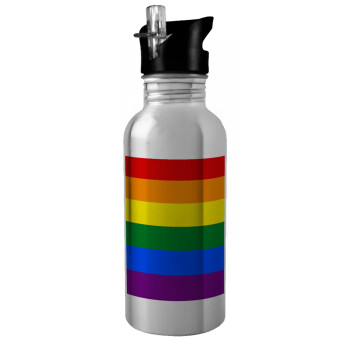 Rainbow flag (LGBT) , Water bottle Silver with straw, stainless steel 600ml