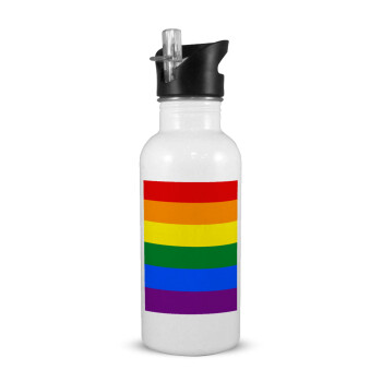 Rainbow flag (LGBT) , White water bottle with straw, stainless steel 600ml