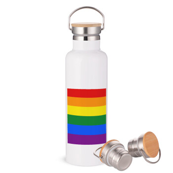 Rainbow flag (LGBT) , Μεταλλικό παγούρι θερμός (Stainless steel) Λευκό με ξύλινο καπάκι (bamboo), διπλού τοιχώματος, 750ml