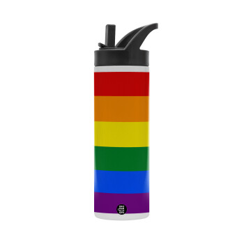 Rainbow flag (LGBT) , Μεταλλικό παγούρι θερμός με καλαμάκι & χειρολαβή, ανοξείδωτο ατσάλι (Stainless steel 304), διπλού τοιχώματος, 600ml