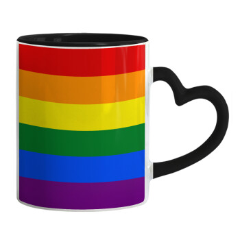 Rainbow flag (LGBT) , Κούπα καρδιά χερούλι μαύρη, κεραμική, 330ml