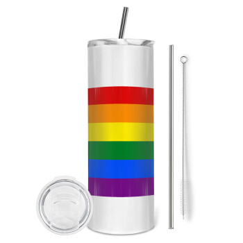 Rainbow flag (LGBT) , Eco friendly ποτήρι θερμό (tumbler) από ανοξείδωτο ατσάλι 600ml, με μεταλλικό καλαμάκι & βούρτσα καθαρισμού