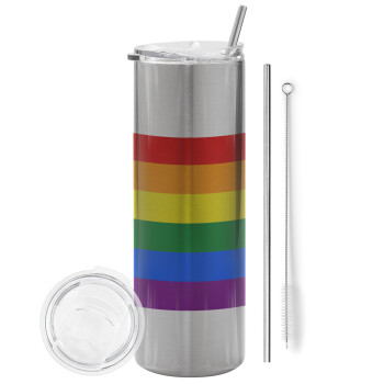 Rainbow flag (LGBT) , Eco friendly ποτήρι θερμό Ασημένιο (tumbler) από ανοξείδωτο ατσάλι 600ml, με μεταλλικό καλαμάκι & βούρτσα καθαρισμού