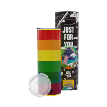 Rainbow flag (LGBT) , Neon Yellow Travel Tumbler θερμό, μεταλλικό καλαμάκι(Ανωξείδωτο 304 Food grade, BPA free, 600ml)