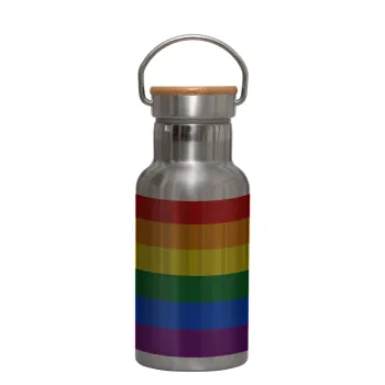 Rainbow flag (LGBT) , Μεταλλικό παγούρι θερμός (Stainless steel) Ασημένιο με ξύλινο καπακι (bamboo), διπλού τοιχώματος, 350ml