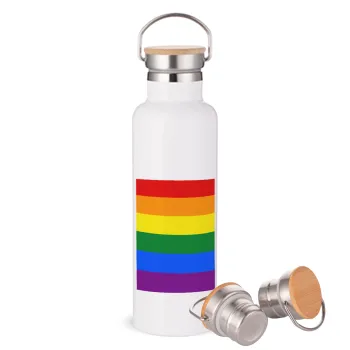 Rainbow flag (LGBT) , Μεταλλικό παγούρι θερμός (Stainless steel) Λευκό με ξύλινο καπάκι (bamboo), διπλού τοιχώματος, 750ml