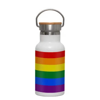 Rainbow flag (LGBT) , Μεταλλικό παγούρι θερμός (Stainless steel) Λευκό με ξύλινο καπακι (bamboo), διπλού τοιχώματος, 350ml