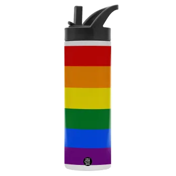 Rainbow flag (LGBT) , Μεταλλικό παγούρι θερμός με καλαμάκι & χειρολαβή, ανοξείδωτο ατσάλι (Stainless steel 304), διπλού τοιχώματος, 600ml