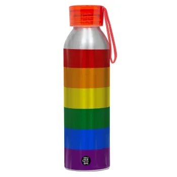 Rainbow flag (LGBT) , Αλουμινένιο Αθλητικό Μπουκάλι 650ml – Ασημί με Κόκκινο Καπάκι και Λουράκι Σιλικόνης