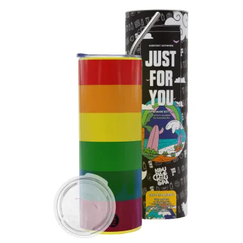 Rainbow flag (LGBT) , Neon Yellow Travel Tumbler θερμό, μεταλλικό καλαμάκι(Ανωξείδωτο 304 Food grade, BPA free, 600ml)