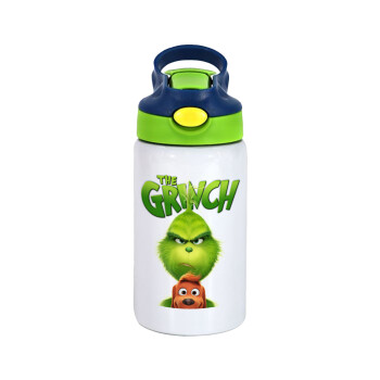 mr grinch, Children's hot water bottle, stainless steel, with safety straw, green, blue (350ml)