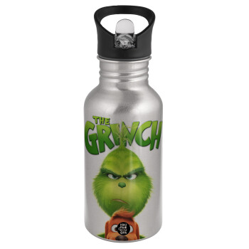 mr grinch, Water bottle Silver with straw, stainless steel 500ml