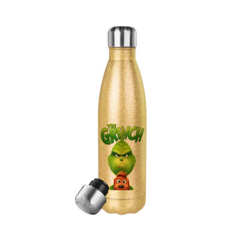 mr grinch, Μεταλλικό παγούρι θερμός Glitter χρυσό (Stainless steel), διπλού τοιχώματος, 500ml