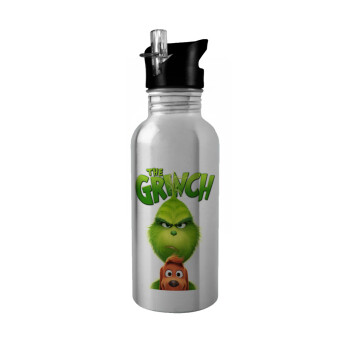 mr grinch, Water bottle Silver with straw, stainless steel 600ml