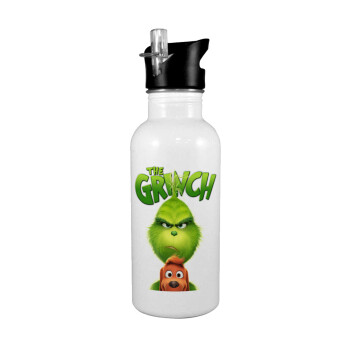 mr grinch, White water bottle with straw, stainless steel 600ml