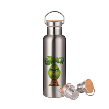 mr grinch, Stainless steel Silver with wooden lid (bamboo), double wall, 750ml