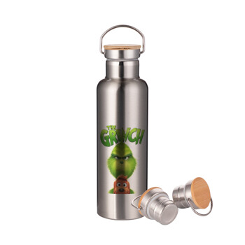 mr grinch, Μεταλλικό παγούρι θερμός (Stainless steel) Ασημένιο με ξύλινο καπακι (bamboo), διπλού τοιχώματος, 750ml
